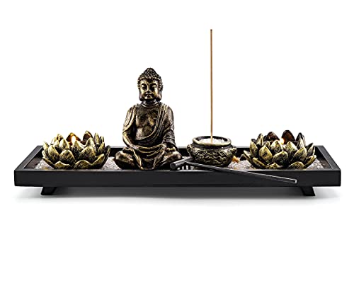 Jovivi Zen Garden Set Buddha Statue 2 Lotus Tealight Candle Holders, Mallet & Rocks and Crystals & Incense Burner Stick Holder Bowl & Wood Tray for Yoga Meditaion Home Table Decor Gift - color: Set 1