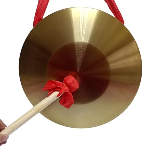 Gong Instrument with 16.4 inch(42cm),Chinese Traditional Percussion Instrument Brass Gong with Wooden Mallet and Red Hanging Ribbon for Home Office Celebration - color: Gold-16.5inch