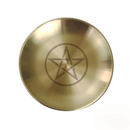 5.5inch Altar Ritual Plate Dish Stainless Steel Flat Bowl Round Metal Jewelry Tray Prayer Astrology Tarot Offering Plate Ring Trinket Holder for Smudging Decoration Trays Gold (Pentagram Gold) - color: Pentagram Gold