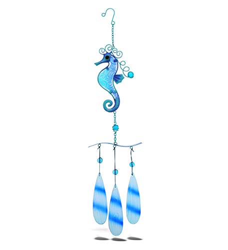 CoTa Global Blue Seahorse Hanging Sea Glass Wind Chime 17.72 Inch, Nautical Glass Windchime Outdoor Decor for a Harmonic Porch, Patio & Garden, Unique Horse Beach Art Indoor Wind Chime Window Mobile