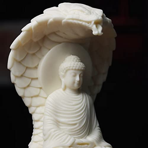 Sakyamuni Amitabha Buddha Statue with Snake Figurines feng Shui Decor,White Buddha Statue with Ivory Fruit Finish for Home Office Zen Decor