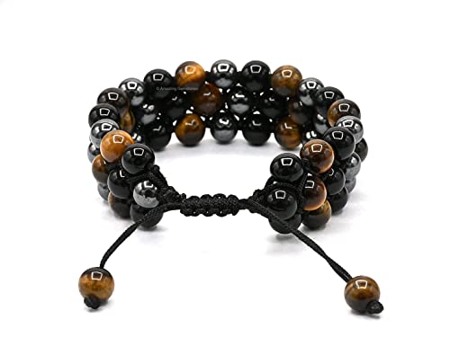 Amazing Gemstone Triple Protection Bracelet - Hematite Black Obsidian Tiger Eye Bracelet Set for Men Women Healing Calming Anxiety Stress Relief Gifts Stocking Stuffer (Adjustable, 3 Layer) - color: Triple Protection (3 Layer)