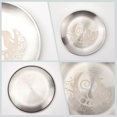 CREATCABIN Cat Moon Altar Ritual Plate Dish Stainless Steel Flat Bowl Round Silvery Tray Offering Bowl Dish Holder for Smudging Incense Burner Jewelry Dowsing Divination 5.55Inch - style: Cat Moon