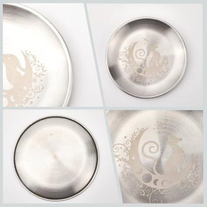 CREATCABIN Cat Moon Altar Ritual Plate Dish Stainless Steel Flat Bowl Round Silvery Tray Offering Bowl Dish Holder for Smudging Incense Burner Jewelry Dowsing Divination 5.55Inch - style: Cat Moon