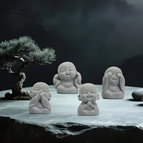 4Pcs Mini Monk Buddha Statues, See Hear Speak Think No Evil Mini Monk Decor, Handcrafted Sandstone Resin Zen Statues for Home Office Desk Car Dashboard, Feng Shui Spiritual Gifts for Peace & Calm - color: Mini Monk Buddha Statue