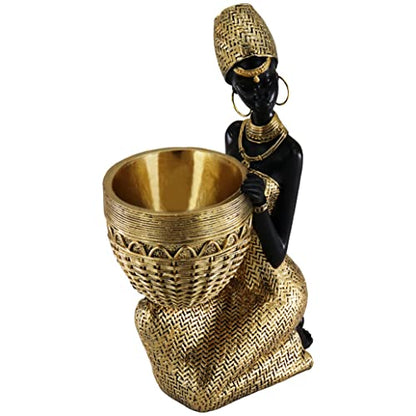 Lescafita African Tribal Woman Seated Statue with Basket - color: 305-gold