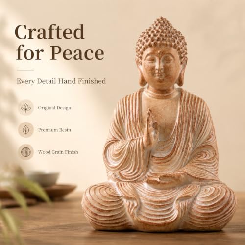 Wood Grain Buddha Statue - Wooden Shakyamuni Buddha for Indoor Home Altar, Hand Carved Wood Grain Resin Meditation Decor（(Housewarming Gift/Mindfulness Aid，7.87inch)