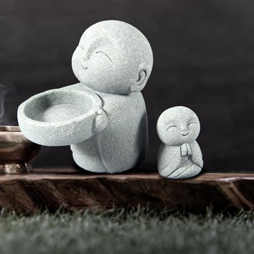 Buddha Sandstone Statues 2pcs, Jizo Monk and Prayer Monk Figurines Zen Monk Sculptures Ornament for Wealth Good Luck Garden Home Office Car Decor - color: Monk