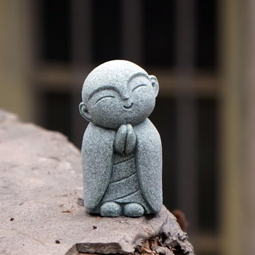 OwMell Japanese Jizo Monk Buddha Statue Figurine Aquarium Garden Decor - color: Tilt Smile Stone