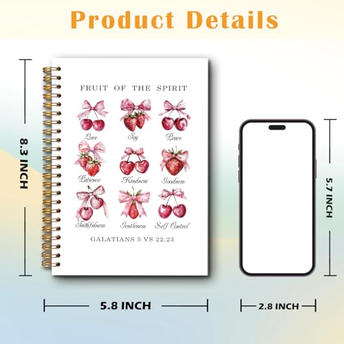 JINYO Coquette Pink Bow Cherry Strawberry Christian Notebook, Fruit of the Spirit Bible Notebook, Prayer Journal for Woman, Church Notes Journal, Scripture Spiral Notebooks 5.5x8.3 Inch - color: white Cherry Strawberry Christian Notebook