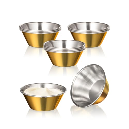 Fit Meal Prep 12 Pack 1.5 oz Gold Stainless Steel Dipping Sauce Cups, Reusable Metal Ramekins, Commercial Grade Condiment Bowls, Individual Portion Cups, Small Round Au Jus Cup for Home, Restaurant - size: 1.5 oz