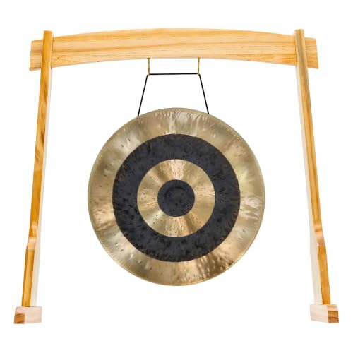 14" Gongs on East 14th Street Stand - Includes Gong, Stand, & Mallet/Versatile, Natural Wood/Extra Hooks for Four Zaphir or Koshi Chimes/Perfect for Office or Studio - size: 14" Subatomic Gong
