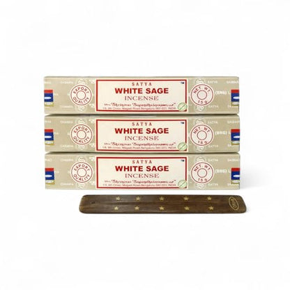 Satya White Sage Incense Sticks with Holder – 3 x 15g Natural Masala Agarbatti for Spiritual Cleansing, Relaxation & Positive Energy