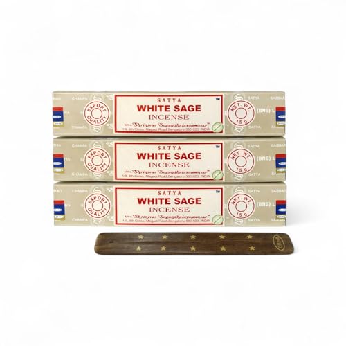 Satya White Sage Incense Sticks with Holder – 3 x 15g Natural Masala Agarbatti for Spiritual Cleansing, Relaxation & Positive Energy