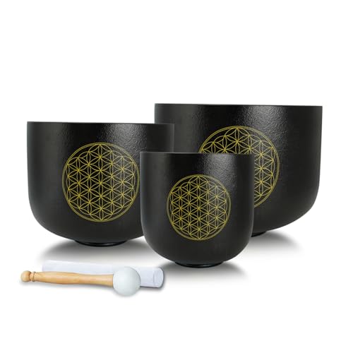 Set of 3 Singing Bowls Flower of Life Black 6-10 inch 6"A 8"F 10"C Frosted Chakra Quartz Crystal Sound Healing Crystal with 1 Mallet Suede 1 Striker 3 O-rings - size: 6"A 8"F 10"C