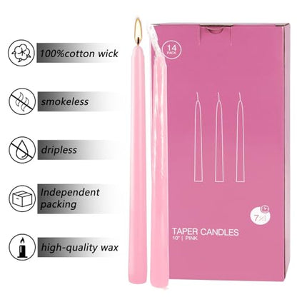 14-Pack Pink Taper Candles - 10 Inch Unscented Dripless Candlesticks, Long Burning for Weddings, Bridal Showers, Valentine's Day & Romantic Dinner Parties - color: 10"14pcs-Pink