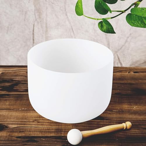 8" White F Note 432 hz Heart Chakra Quartz Crystal Singing Bowl with Heavy Duty Carrying Case Suede Striker - color: F Note 432HZ, 8" White