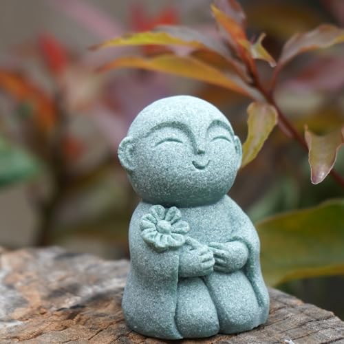 OwMell Japanese Jizo Monk Buddha Statue Figurine Aquarium Garden Decor - color: Flower Stone