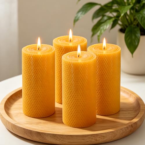 4 Pack Beeswax Pillar Candles, 3 x 6 in Hand-Rolled Yellow Candles - color: Yellow