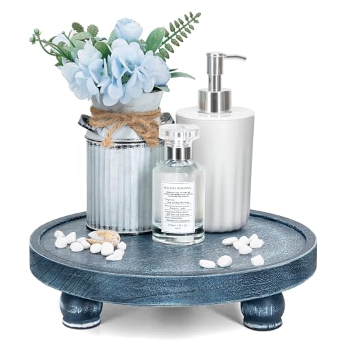 EOSAHR Round Wood Riser for Kitchen Counter, Bathroom Decorative Tray, Blue - color: Blue