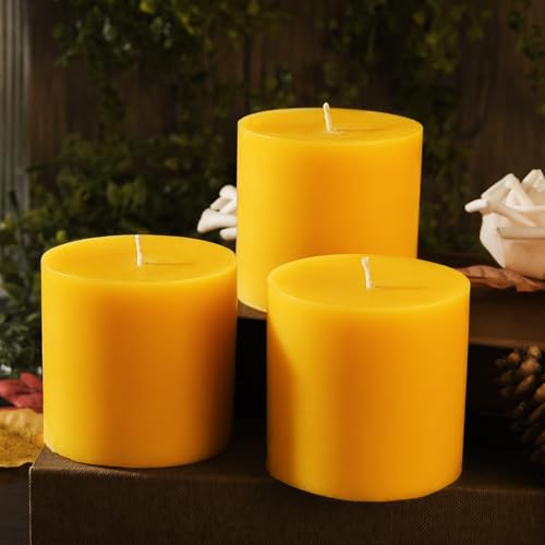 3x3 inch Natural Yellow Beeswax Pillar Candles - 3 Pack - Unscented - size: 3x3 inch