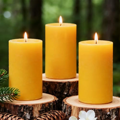 3 inch Thick Natural Yellow Beeswax Pillar Candles, 6 inch Tall - 3 Pack - size: 3x6 inch
