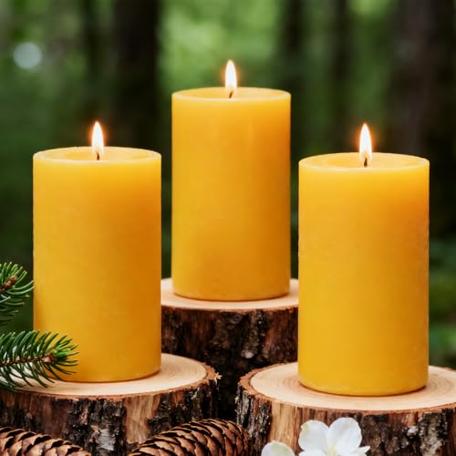 3 inch Thick Natural Yellow Beeswax Pillar Candles, 6 inch Tall - 3 Pack - size: 3x6 inch