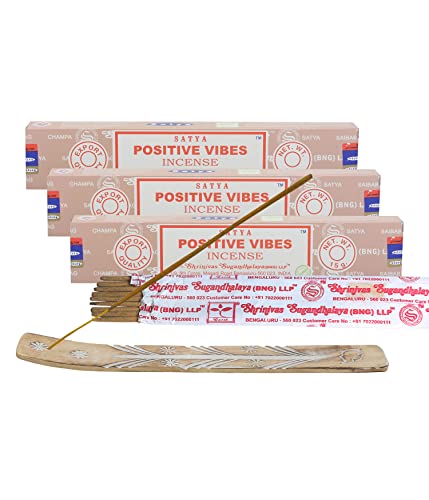 Satya Positive Vibes Incense Sticks, Satya Bng (Bangalore) Insenses 15gmx3 Pack (45 GMS) with Raajsee Incense Holder Bundle, Satya Nagchampa Natural Incense - color: Positive Vibes