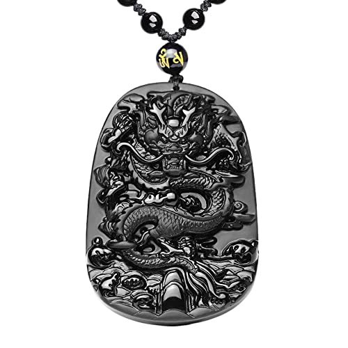 ASGIFT Black Obsidian Necklace Lucky Amulet Protection Pendant with Extended Bead Chain Healing Crystal Stone Talisman Necklaces Jewelry - color: Dragon