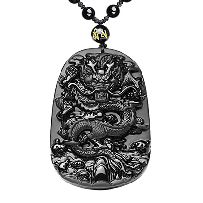 ASGIFT Black Obsidian Necklace Lucky Amulet Protection Pendant with Extended Bead Chain Healing Crystal Stone Talisman Necklaces Jewelry - color: Dragon