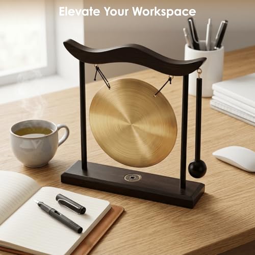 YOUEON Zen Table Gong with Wooden Frame and Mallet, Brass Desktop Meditation Gong Decor, Smooth Polished Copper Ornament for Home, Office, Yoga & Mindfulness Gift