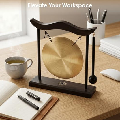 YOUEON Zen Table Gong with Wooden Frame and Mallet, Brass Desktop Meditation Gong Decor, Smooth Polished Copper Ornament for Home, Office, Yoga & Mindfulness Gift