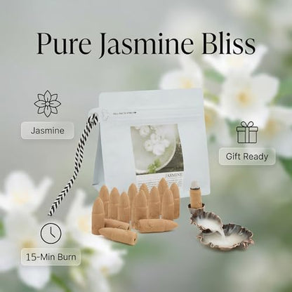 Jasmine Backflow Incense Cones - 50 Large Waterfall Back Flow Cones Scented - Includes 1 backflow Incense Burner