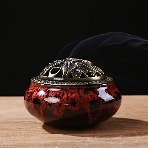 Incense Burner with Calabash Incense Stick Holder - Porcelain Charcoal Censer for Use with Resin Granular Powder Cone or Coil Incense (Fambe Red) - color: Fambe Red