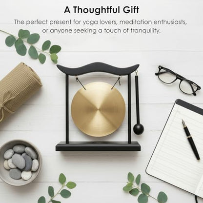 YOUEON Zen Table Gong with Wooden Frame and Mallet, Brass Desktop Meditation Gong Decor, Smooth Polished Copper Ornament for Home, Office, Yoga & Mindfulness Gift