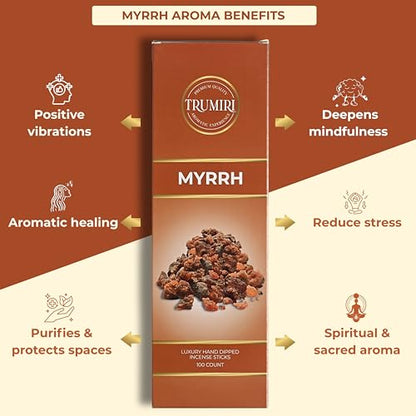 Myrrh Incense Sticks - Pack of 100 Insence-Sticks - Made with Natural Non Toxic Incienso De Mirra - Scented Insense Indian Spiritual Agarbatti Inscents - color: Myrrh