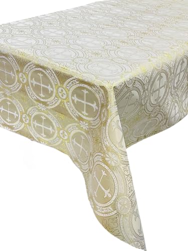 New Creations Fabric & Foam Inc, Rectangular Metallic Cross Brocade Jacquard Satin Tablecloth Overlay/Religious Brocade/Liturgical Fabric/Church. (Beige-Gold, 60" x 84" Inches) - color: Beige-gold