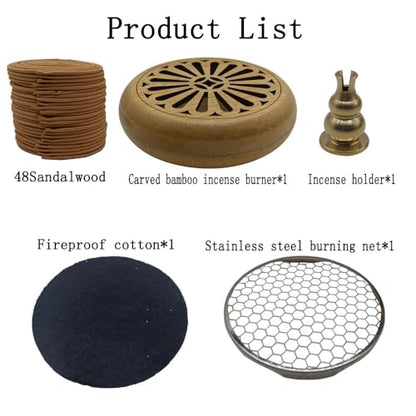 Coil Incense,Traditional spiraled,Perfect for Meditation Spaces,Living Rooms,or Any Indoor Area Where You Want to Create a Relaxing Atmosphere. (48Sandalwood+Carved Bamboo Incense Burner) - color: 48sandalwood+carved Bamboo Incense Burner