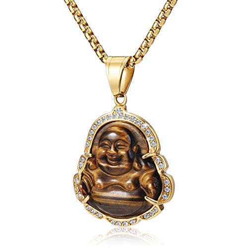 Lucky Laughing Buddha Pendant Chain Necklaces Amulet Jewelry for Men Women 60cm - color: Yellow Tiger Eye