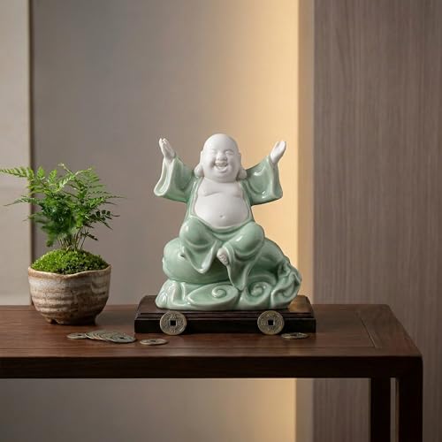 8.2" Ceramic Laughing Buddha, Feng Shui Decor Green - color: Green, size: 8.2INCH