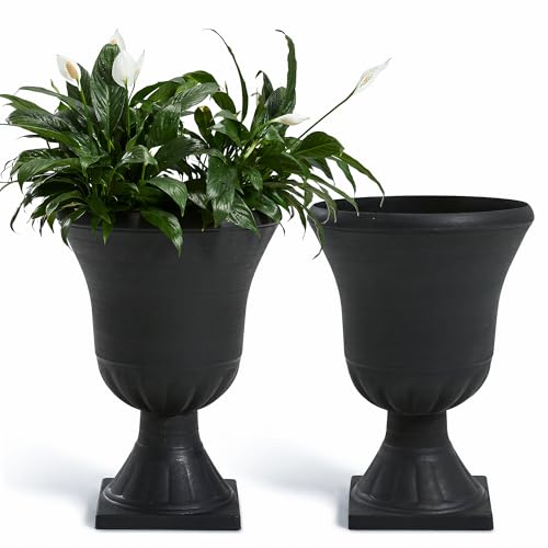 Worth Garden 2-Pack Plastic Urn Planters for Outdoor Plants, 22'' Black Tall Round Classic Resin Traditional Flower Pots - 15 in. Dia Large Imitation Stone Decorative Pot Patio Deck Front Porch - color: Black