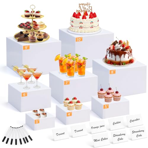 8 Pcs White Buffet Risers with Mini Signs, Nesting HIPS Food Display Stands