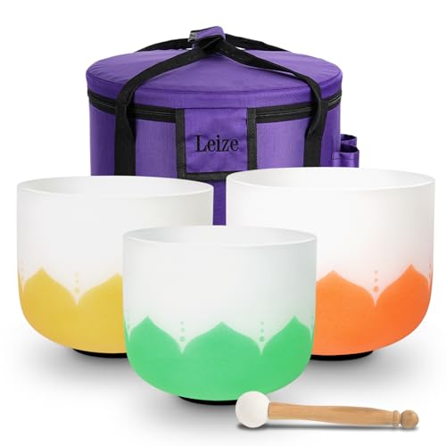 Leize 6-12 inch Lotus Design Chakra Tuned 432hz Set of 7 Quartz Crystal Singing Bowls with Heavy Duty Carrying Cases and Singing Bowl Mallet Suede Strikers - color: Lotus design
