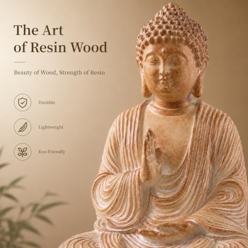 Wood Grain Buddha Statue - Wooden Shakyamuni Buddha for Indoor Home Altar, Hand Carved Wood Grain Resin Meditation Decor（(Housewarming Gift/Mindfulness Aid，7.87inch)