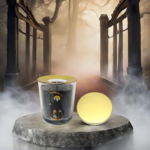 Black Santa Muerte Unscented Soy Prayer Candle 50H with Warmer Ring - color: Black Santa Muerte