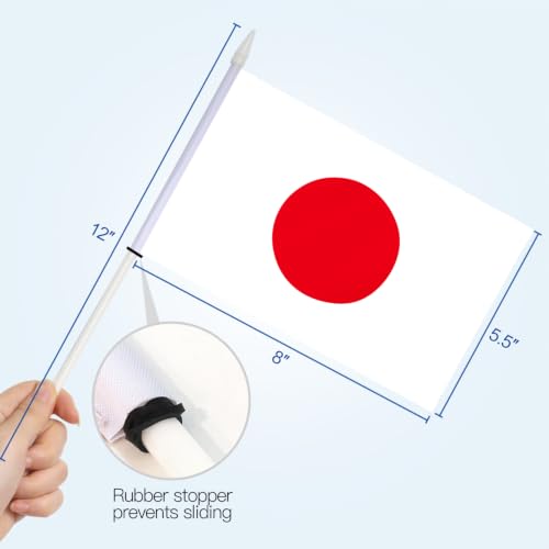 Anley Japan Mini Flag 12 Pack - Hand Held Small Miniature Janpanese Flags on Stick - Fade Resistant & Vivid Colors - 5.5x8 Inch with Solid Pole & Spear Top - color: Japan