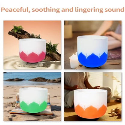 Leize 6-12 inch Lotus Design Chakra Tuned 432hz Set of 7 Quartz Crystal Singing Bowls with Heavy Duty Carrying Cases and Singing Bowl Mallet Suede Strikers - color: Lotus design