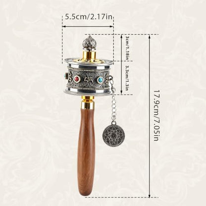 Tissting Handheld Prayer Wheel with Tibetan Buddhist Six Character Mantra - Wooden Handle, Silent Spinning for Meditation, Yoga, Relaxation, Spiritual Practice - color: Cyan