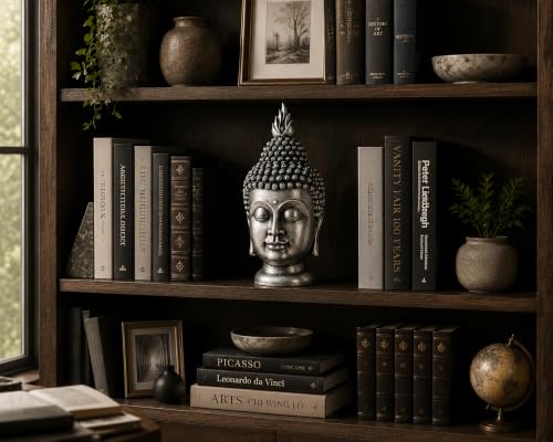 11 Inch Metallic Silver Buddha Head Statue - color: Metallic Silver
