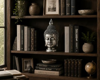 11 Inch Metallic Silver Buddha Head Statue - color: Metallic Silver